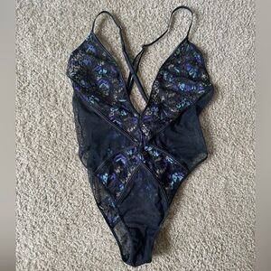 NWT Savage X Fenty Bodysuit Black and Purple Lace Strappy Sheer Floral, Small